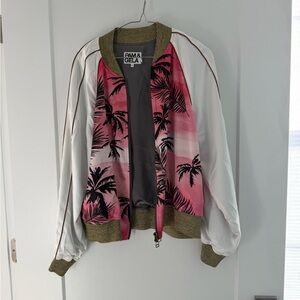 Pam & Gela Pink and Black Palm Print Satin Bomber Jacket